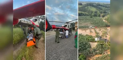 Resgate aéreo retira idoso de área isolada pelas enchentes em Eldorado