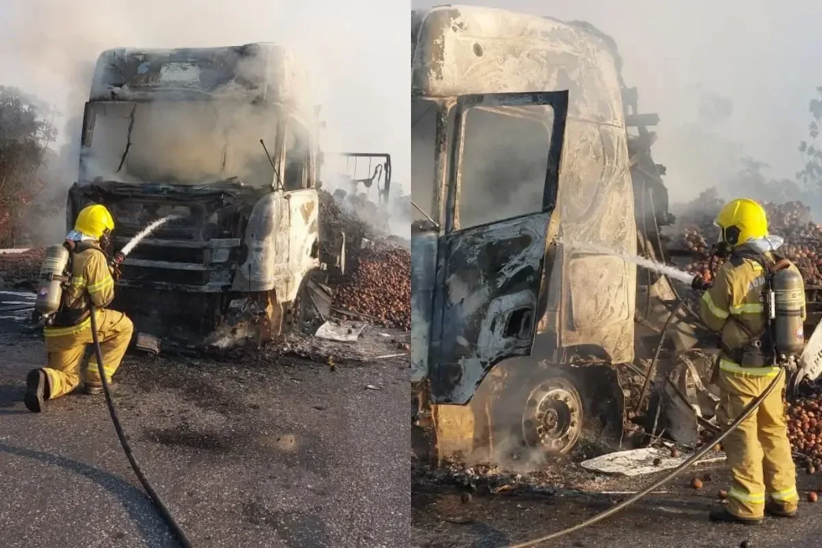 Caminhão com carga de maçãs é destruído por incêndio na BR-153